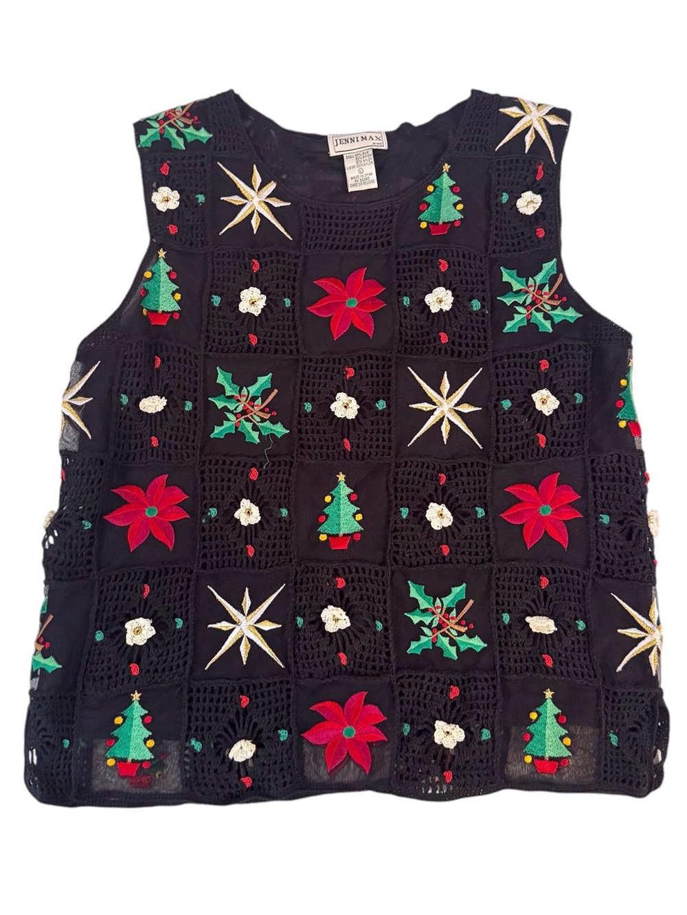 Vintage Jenni Max NYC Large Christmas Crochet Tank Top Embroidered Silk Blend